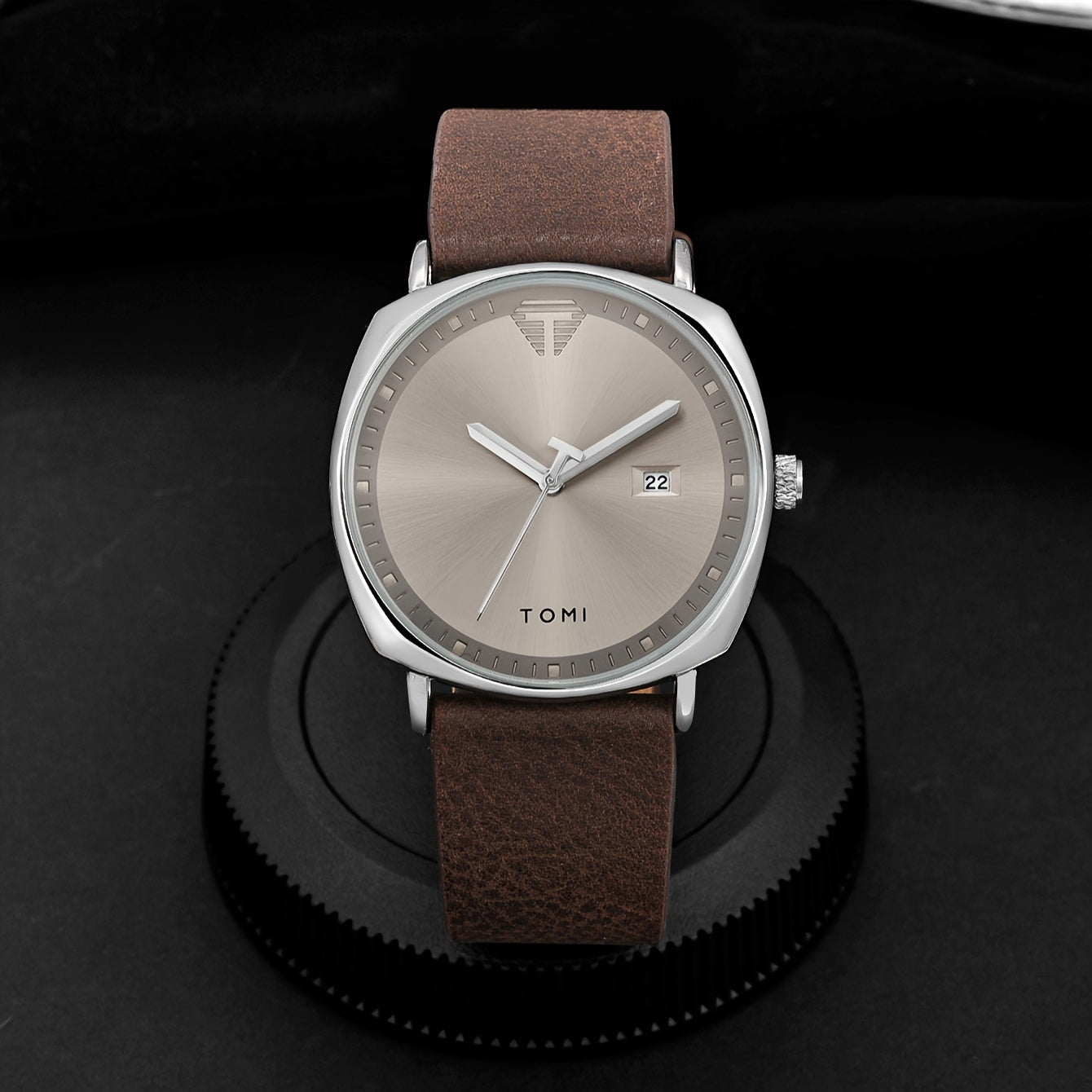 TOMI Men'S Simple Style Quartz Watch with Moon Phase Calendar, Rectangle Case, Faux Leather Band, Non-Rechargeable Battery