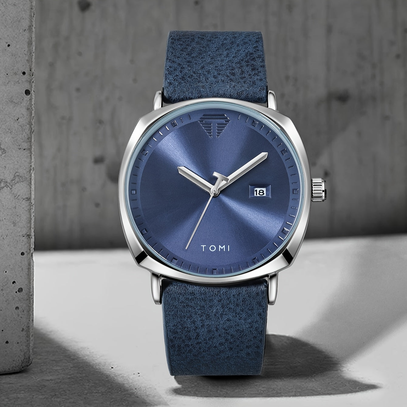 TOMI Men'S Simple Style Quartz Watch with Moon Phase Calendar, Rectangle Case, Faux Leather Band, Non-Rechargeable Battery