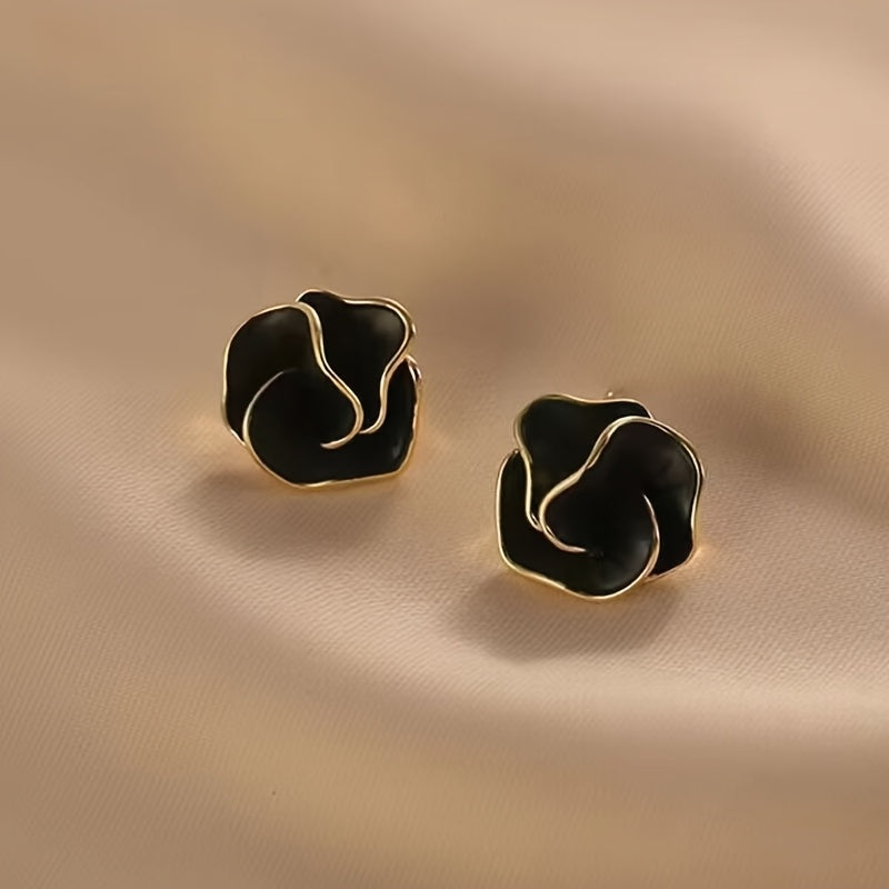 Pair of Elegant Black & Golden Camellia Flower Stud Earrings