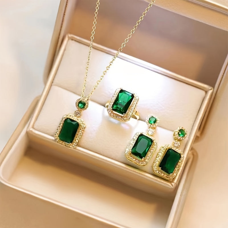 4-Piece Luxury Jewelry Set for Women, Retro Style Dark Green Glass Pendant Necklace and Earrings with Alloy Base