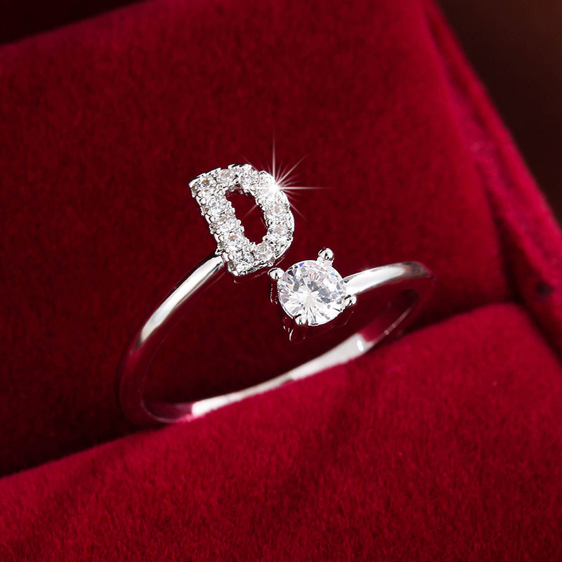 Adjustable Copper Ring With Four-claw Round Zirconia, Featuring The 26 English Letters Of Fashion Trend.