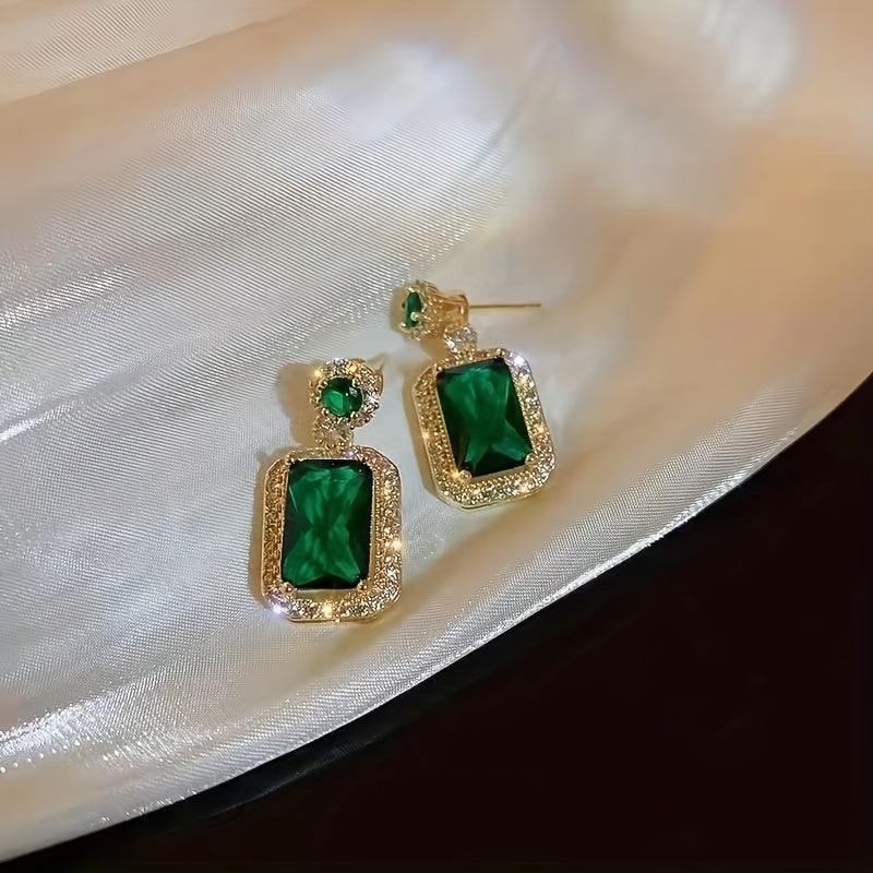 4-Piece Luxury Jewelry Set for Women, Retro Style Dark Green Glass Pendant Necklace and Earrings with Alloy Base