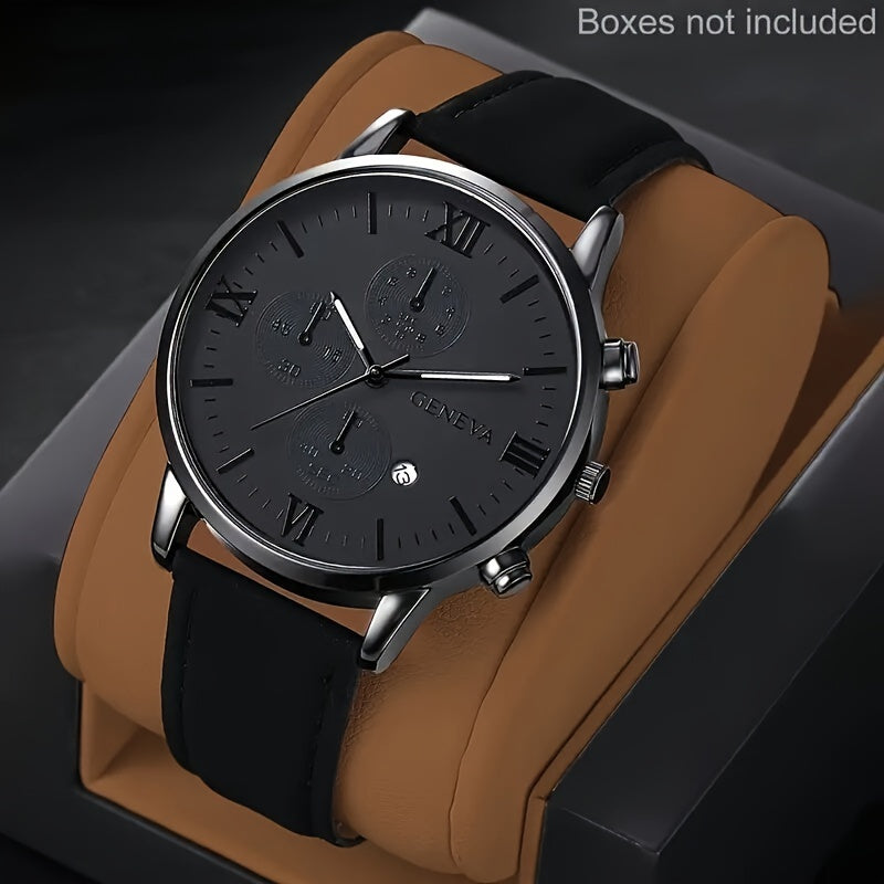 Geneva Vintage Men's Quartz Watch, Round Alloy Case, Analog Display, with Date Feature, PU Leather Strap, Battery Powered (Button Battery)