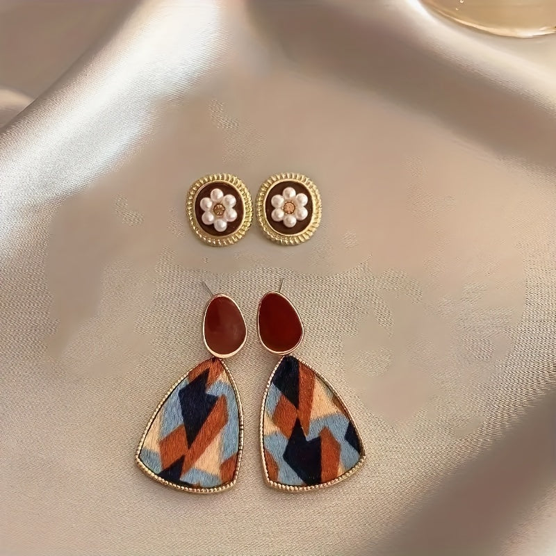 Vintage Luxury Earrings Set, Zinc Alloy Studs and Heart-Shaped Drop Earrings
