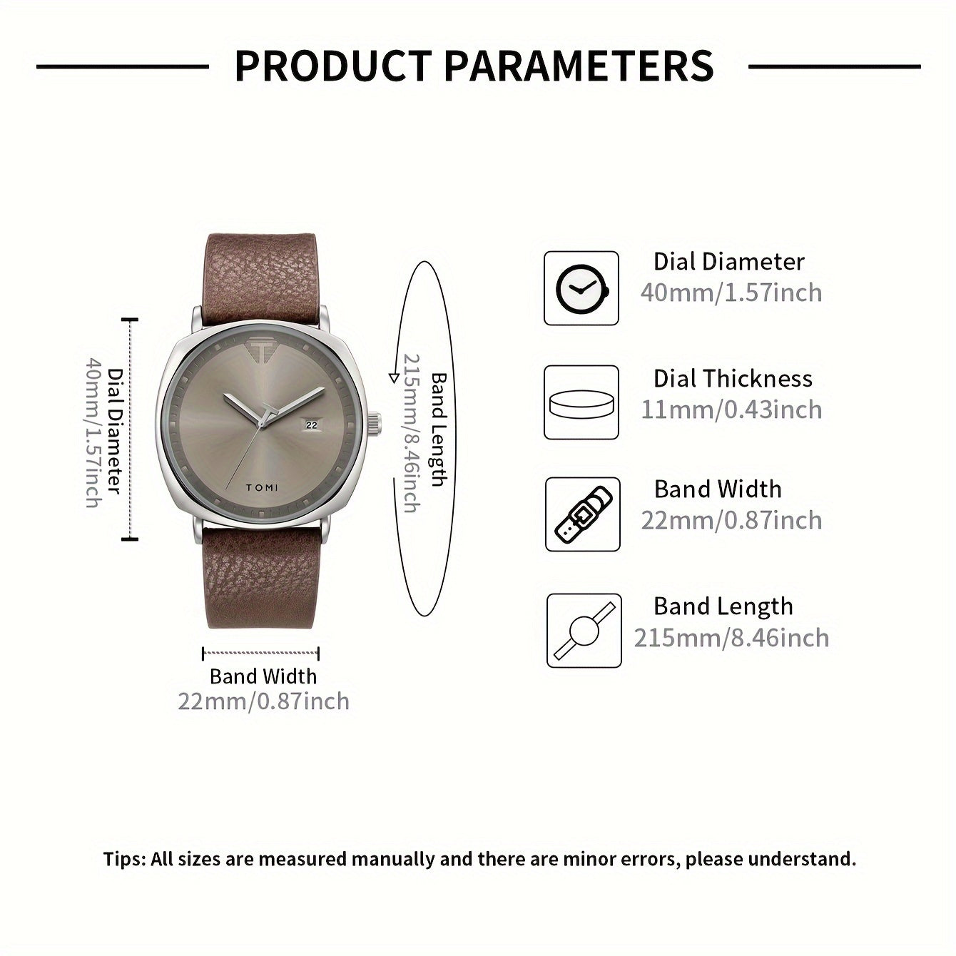 TOMI Men'S Simple Style Quartz Watch with Moon Phase Calendar, Rectangle Case, Faux Leather Band, Non-Rechargeable Battery