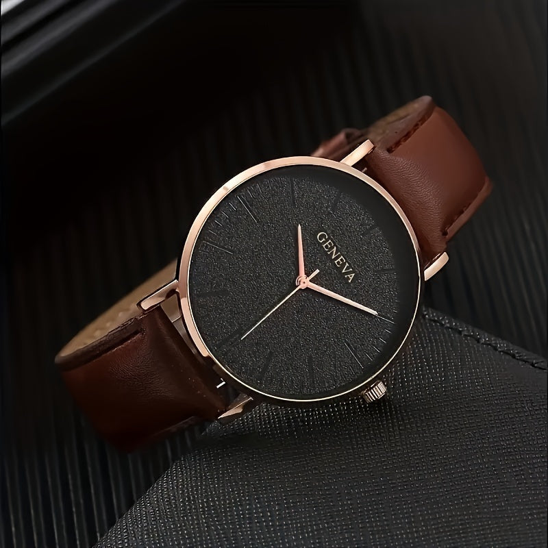 GENEVA Men's Fashionable Elegant Quartz Watch, Round Case, PU Leather Strap, Alloy Body, Non-Wireless, Non-Rechargeable Battery (Button Cell, Diameter < 20mm)