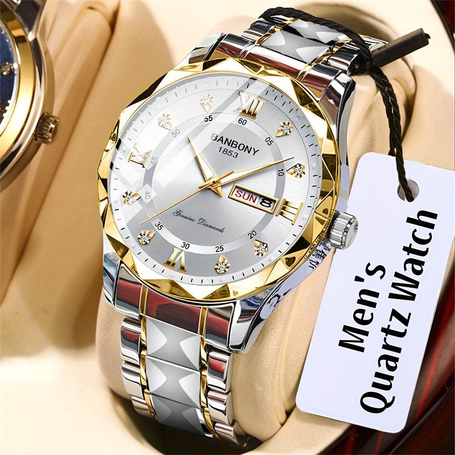 Stainless Steel Strap Men's Roman Numerals Dial Rhinestones Multifunctional Watch