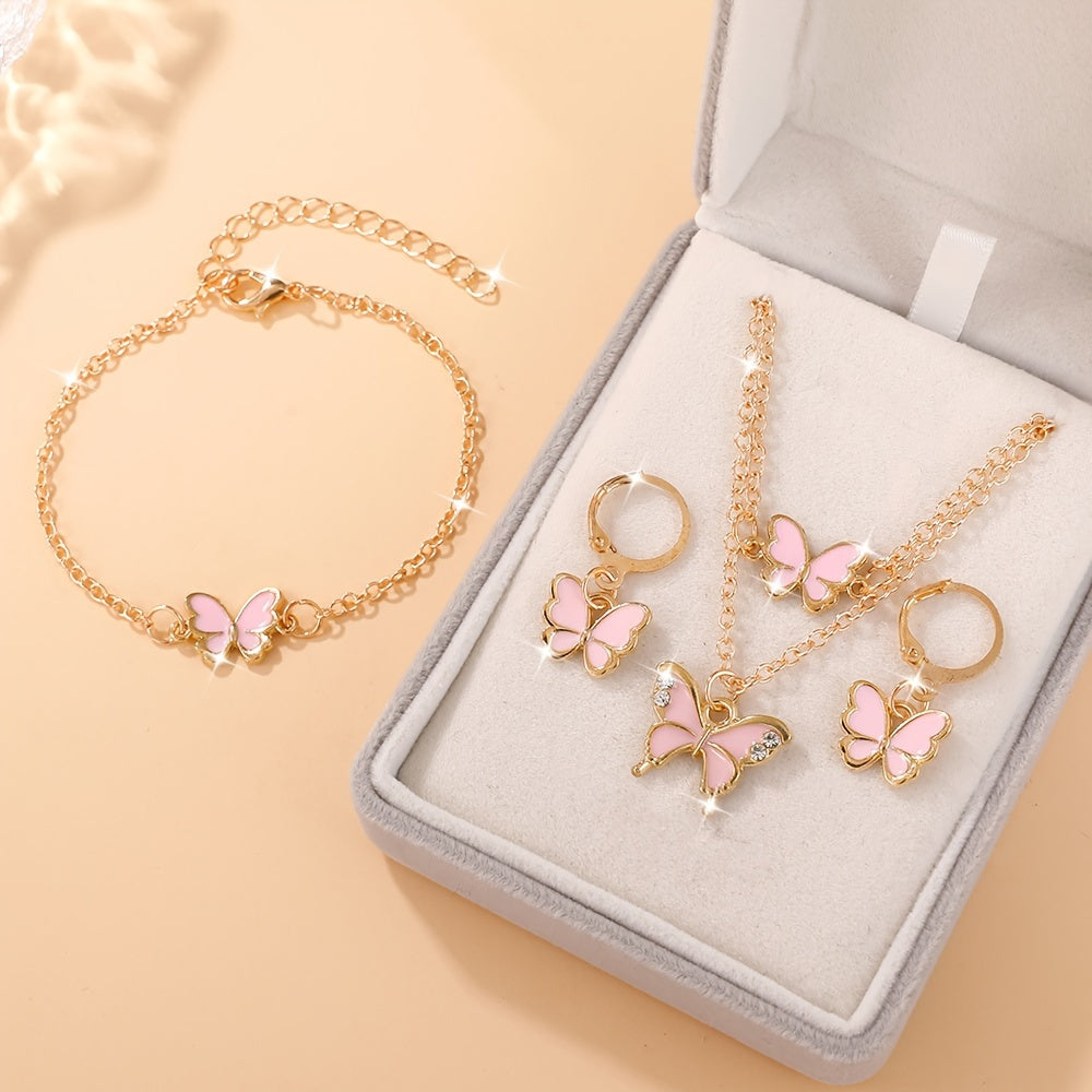 4-Piece Butterfly Jewelry Set , Alloy No-Plating Jewelry with Plastic Mosaic - Includes Necklace, Bracelet, Earrings