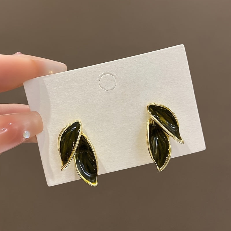 Double Leaf Design Stud Earrings Alloy Jewelry Elegant Simple Style For Women