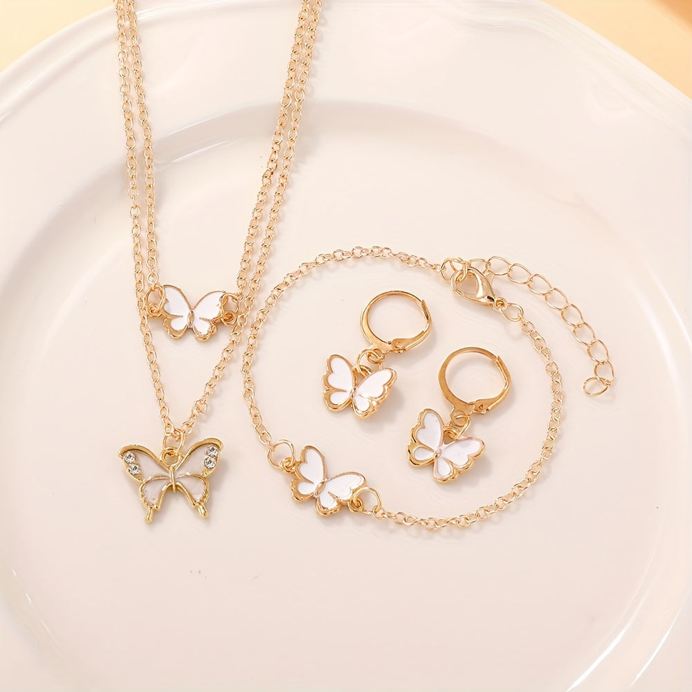 4-Piece Butterfly Jewelry Set , Alloy No-Plating Jewelry with Plastic Mosaic - Includes Necklace, Bracelet, Earrings