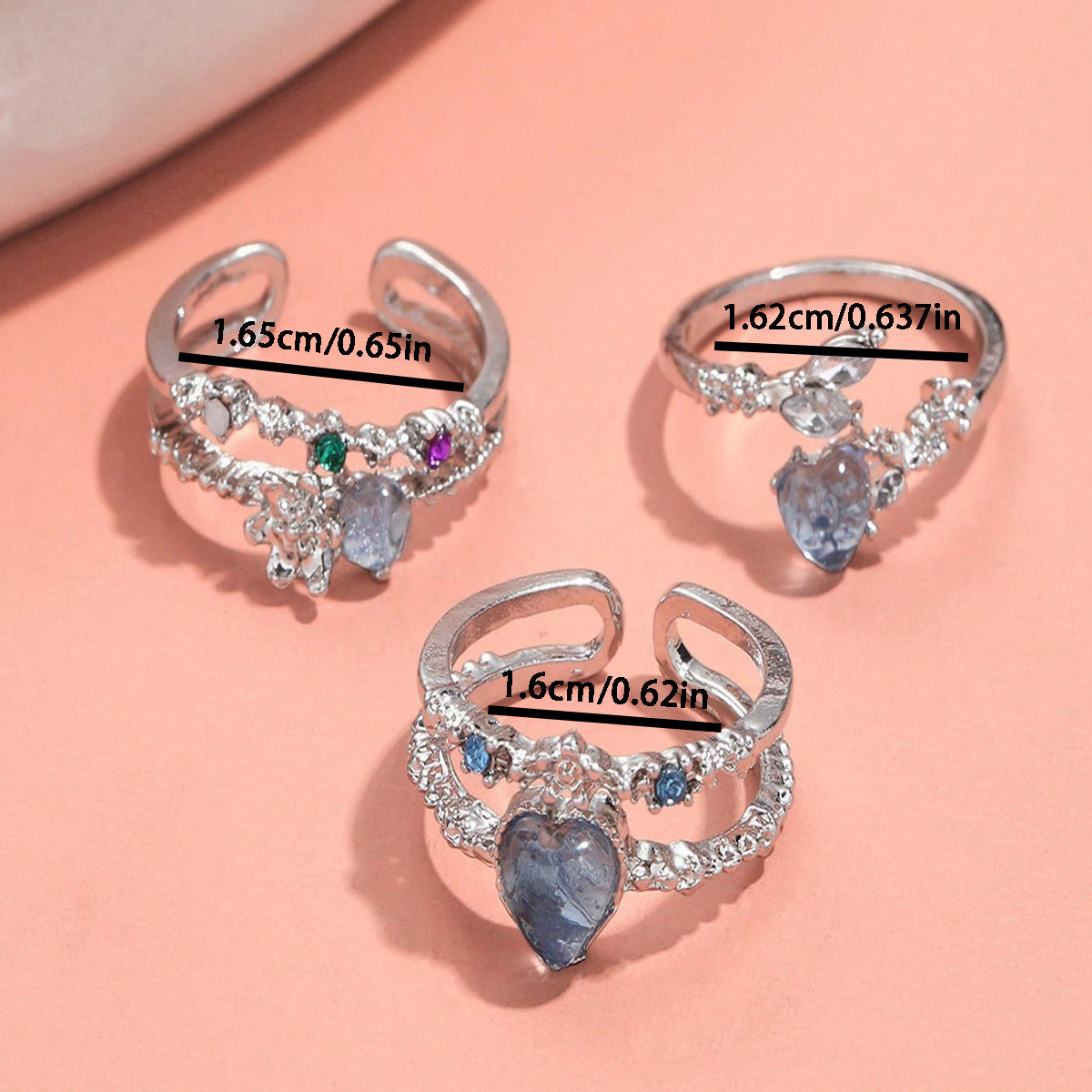 Elegant Vintage Zinc Alloy Open Ring Set for Women, 3pcs, Stackable Love Heart and Floral Design Rings, Adjustable