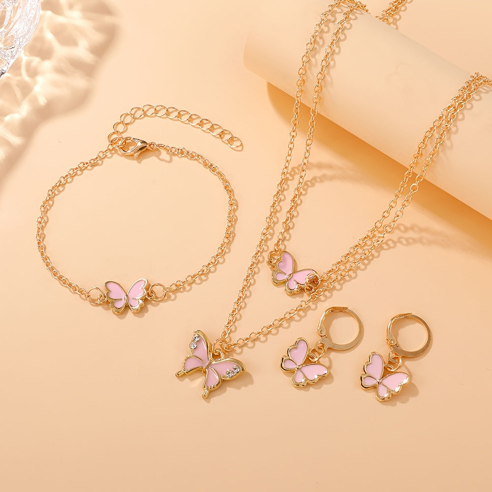 4-Piece Butterfly Jewelry Set , Alloy No-Plating Jewelry with Plastic Mosaic - Includes Necklace, Bracelet, Earrings