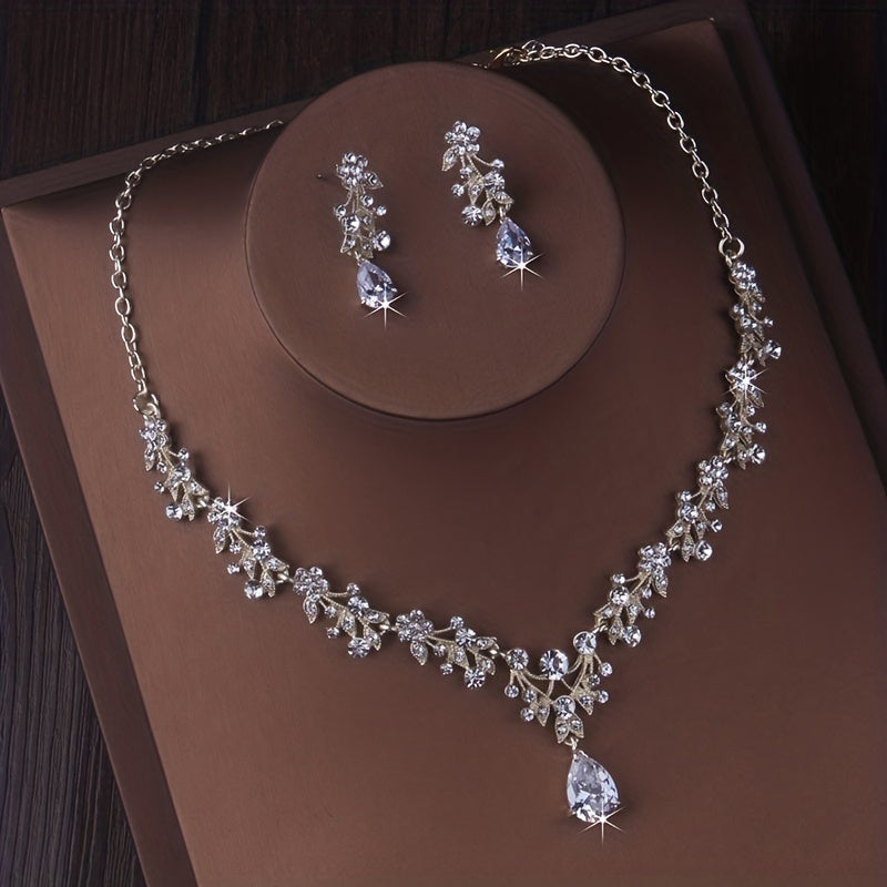 Golden Silvery Zircon Rhinestone Necklace & Earrings