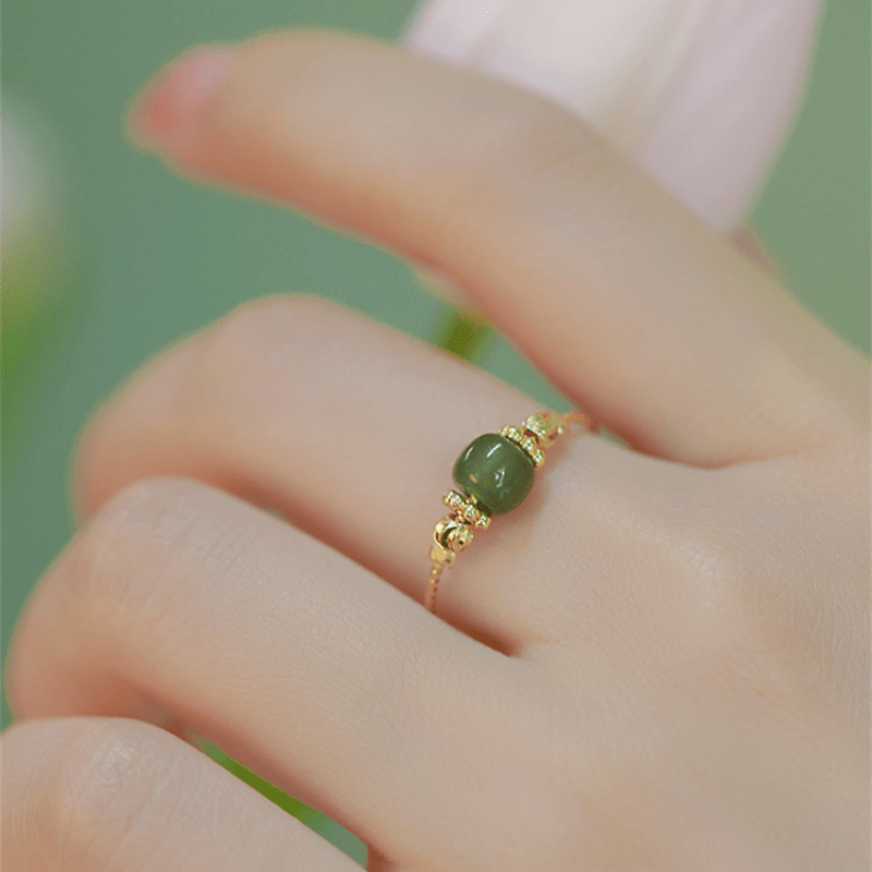 Luxury Copper Ring with Imitation Jade Bead, Elegant Thin Band Design