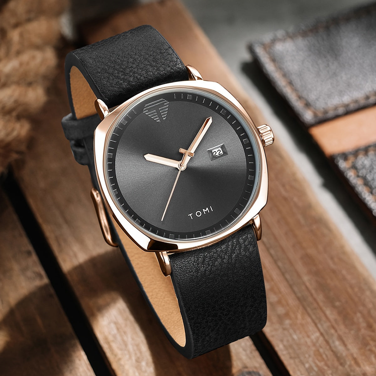 TOMI Men'S Simple Style Quartz Watch with Moon Phase Calendar, Rectangle Case, Faux Leather Band, Non-Rechargeable Battery