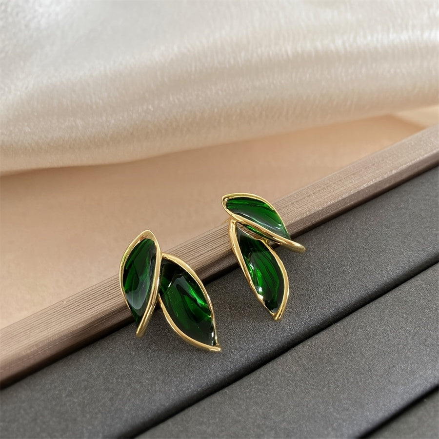 Double Leaf Design Stud Earrings Alloy Jewelry Elegant Simple Style For Women