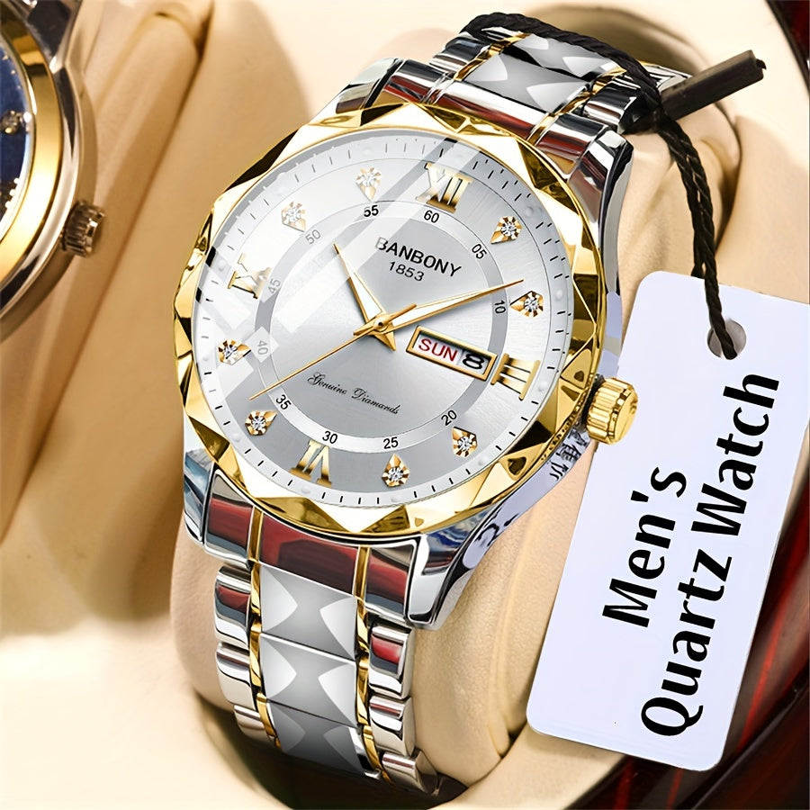 Stainless Steel Strap Men's Roman Numerals Dial Rhinestones Multifunctional Watch