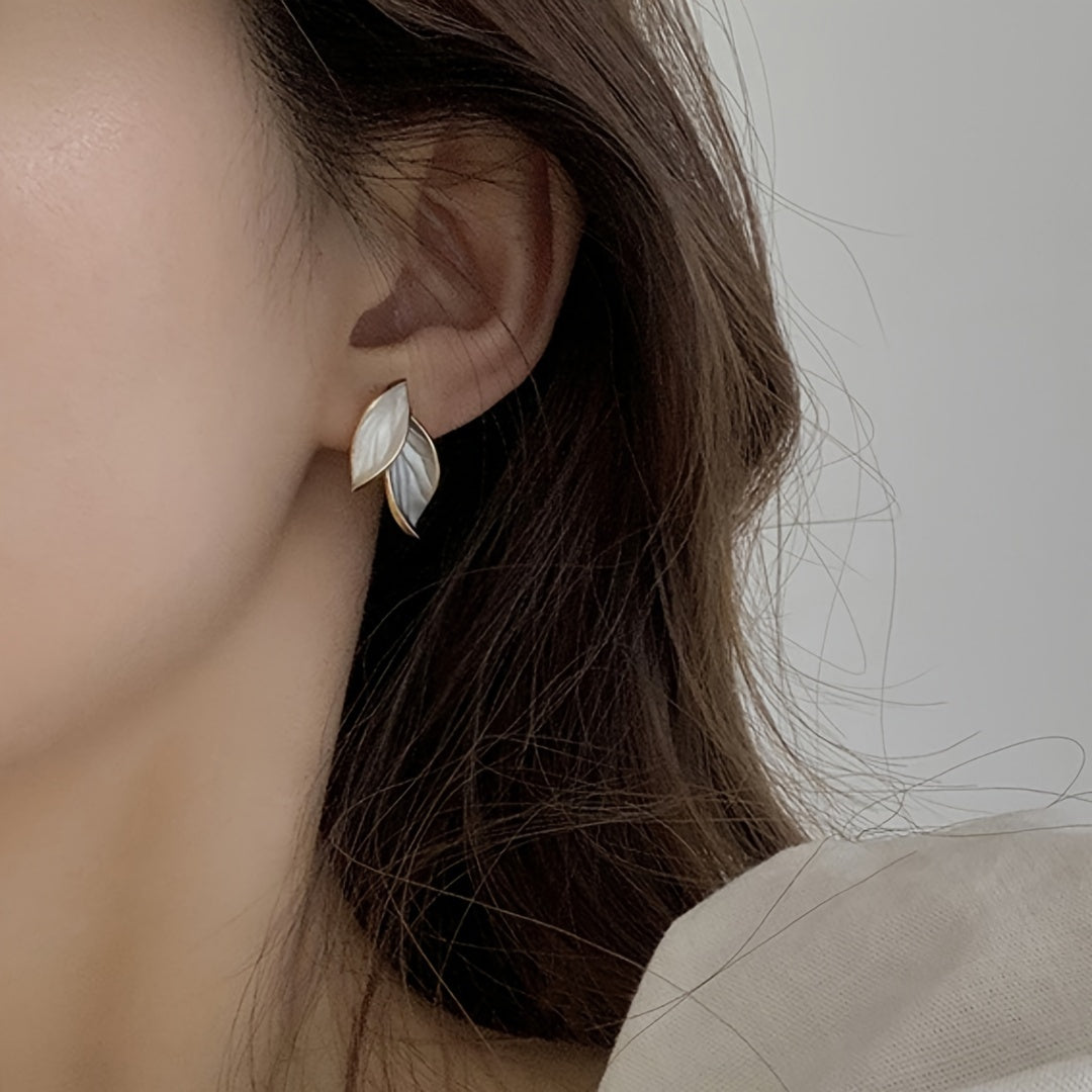 Double Leaf Design Stud Earrings Alloy Jewelry Elegant Simple Style For Women