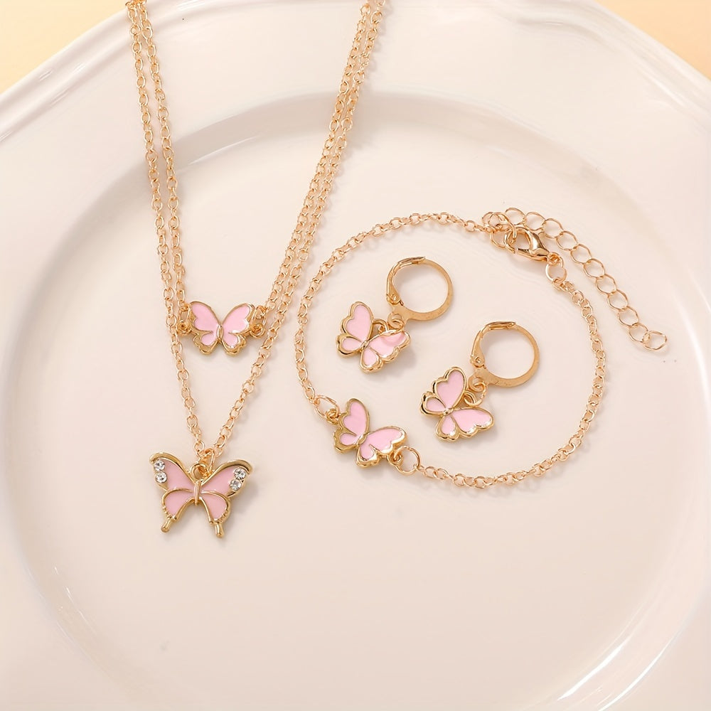 4-Piece Butterfly Jewelry Set , Alloy No-Plating Jewelry with Plastic Mosaic - Includes Necklace, Bracelet, Earrings