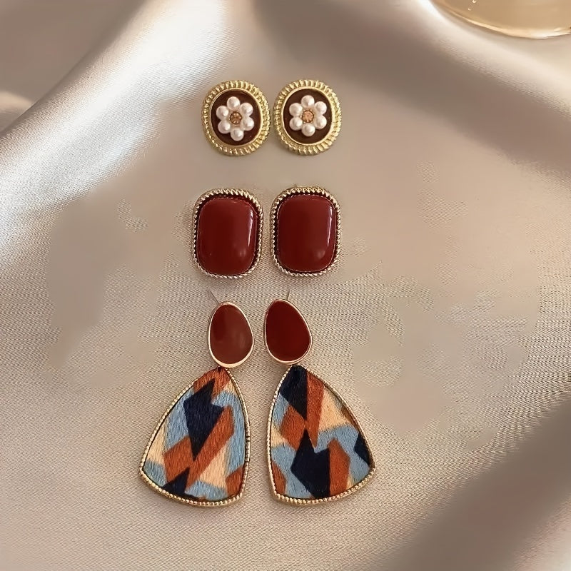 Vintage Luxury Earrings Set, Zinc Alloy Studs and Heart-Shaped Drop Earrings