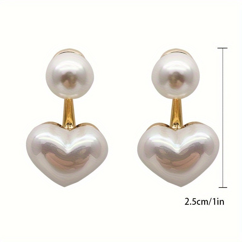 1 Pair Classic Heart-Shaped Faux Pearl Stud Earrings, Hypoallergenic White Golden Plated Alloy with Acrylic Inlay