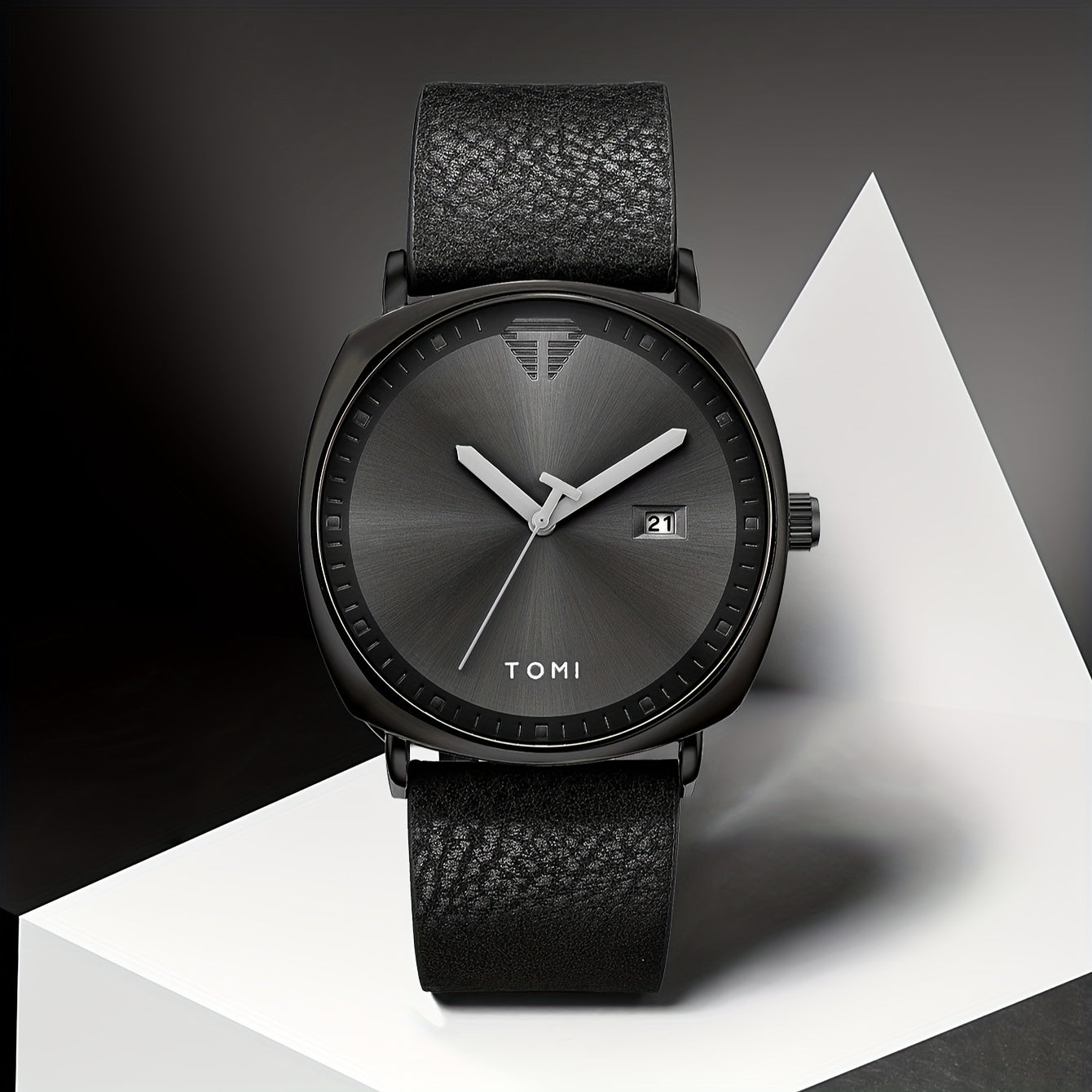 TOMI Men'S Simple Style Quartz Watch with Moon Phase Calendar, Rectangle Case, Faux Leather Band, Non-Rechargeable Battery