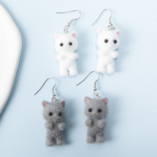 Cute Flocked Cat Earrings - White & Gray with Pink Accents, Perfect Gift for Women