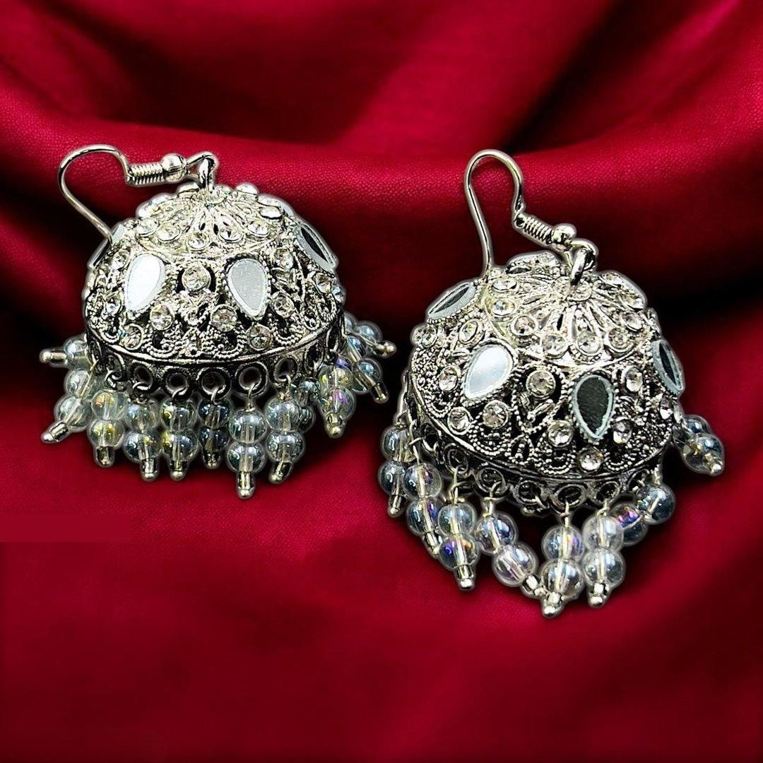 Tear Round Stone Silver Jhumki - PEJH