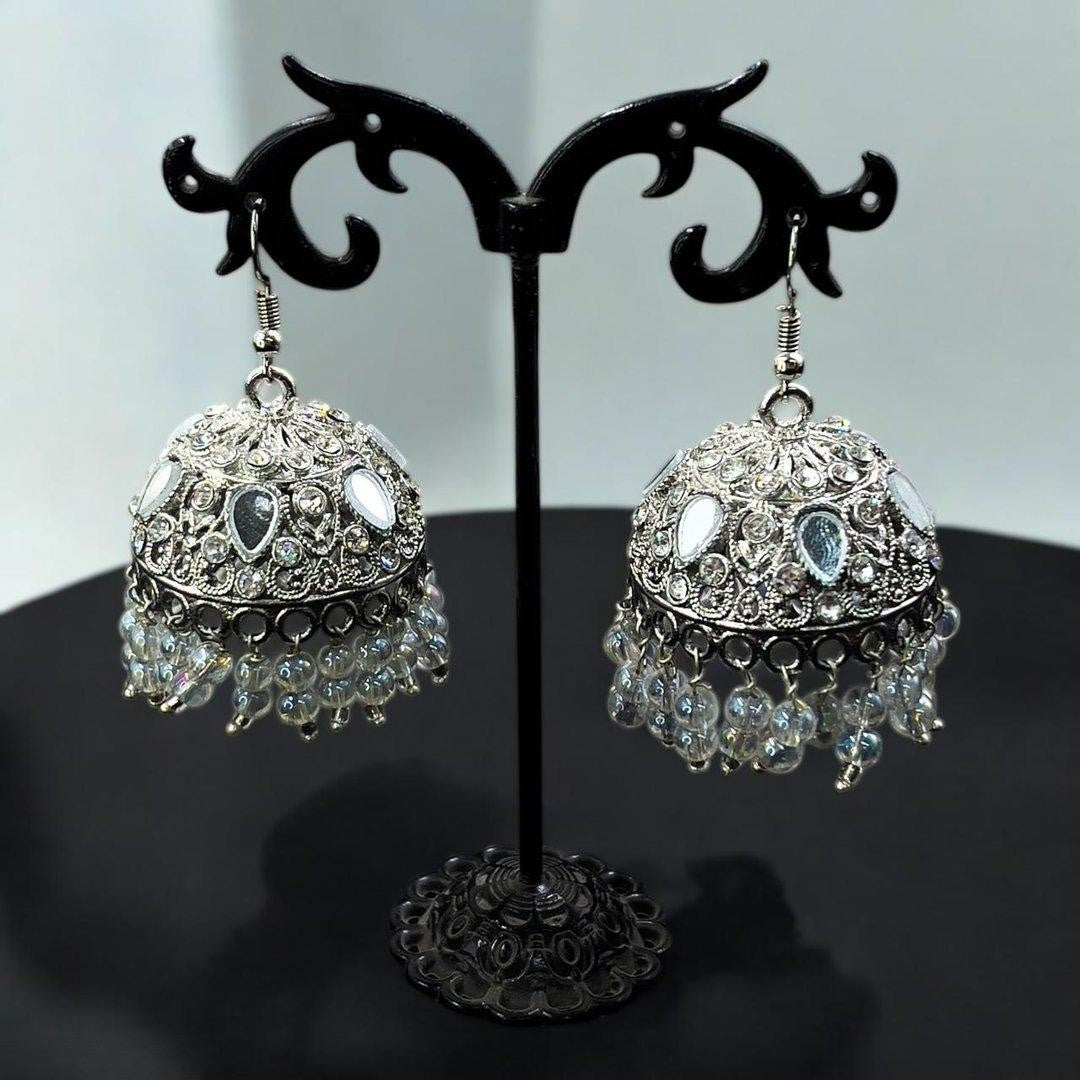 Tear Round Stone Silver Jhumki - PEJH