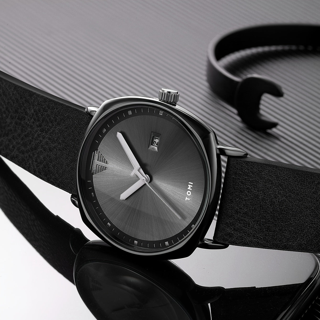 TOMI Men'S Simple Style Quartz Watch with Moon Phase Calendar, Rectangle Case, Faux Leather Band, Non-Rechargeable Battery