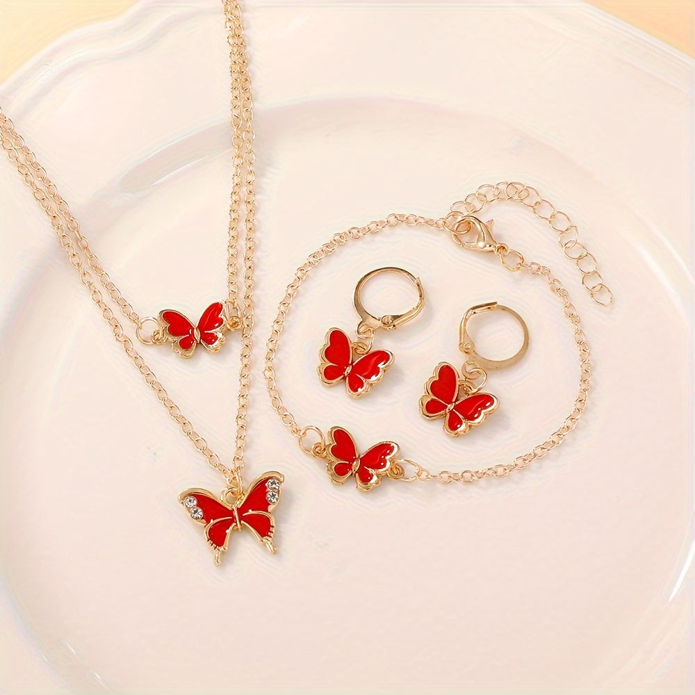 4-Piece Butterfly Jewelry Set , Alloy No-Plating Jewelry with Plastic Mosaic - Includes Necklace, Bracelet, Earrings