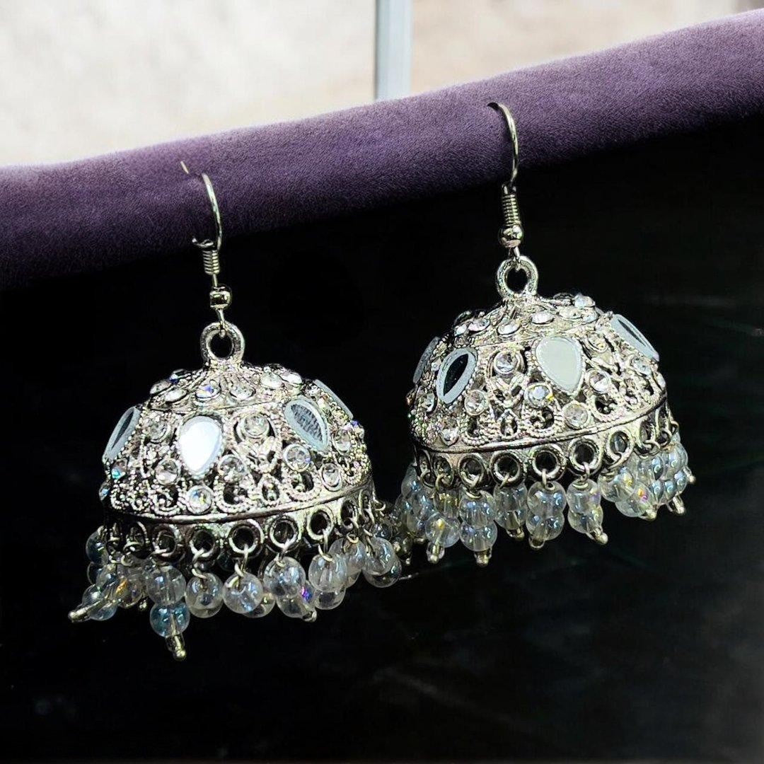 Tear Round Stone Silver Jhumki - PEJH