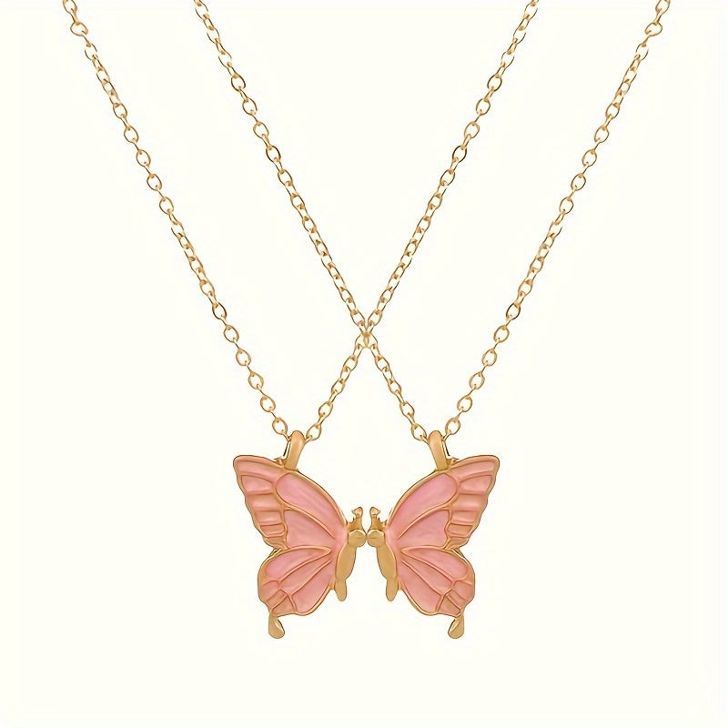 2pc pink color butterfly pendant necklace, adjustable