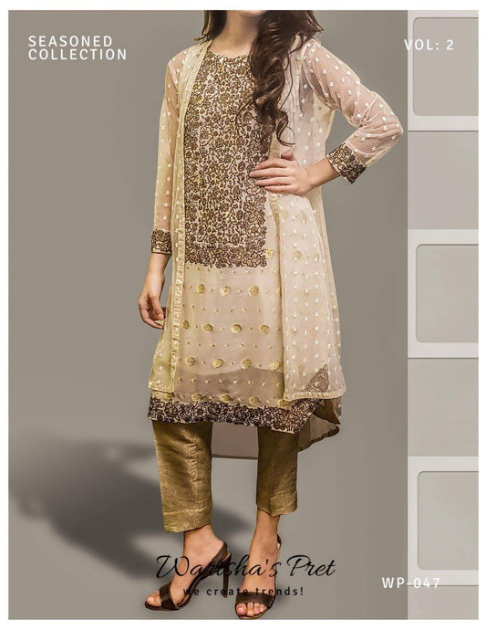 Block print-Chiffon 3pcs with Gown, Shirt & Golden trouser