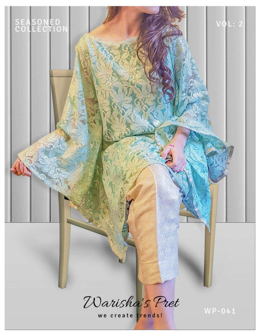 Light-Green Net Cap-Shawl with Jamawar Trouser