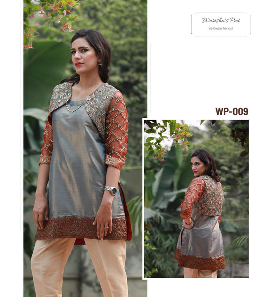 Grey masoori Shirt with Maroon Patchwork and Embroidered koti