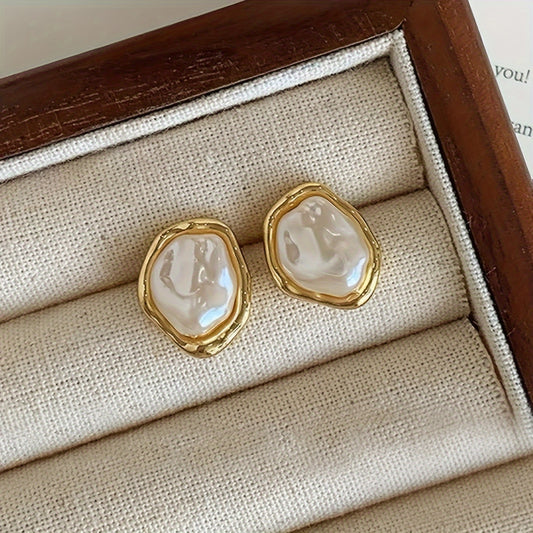 Chic Irregular Oval Imitation Pearl Stud Earrings for Women - Vintage Elegant Style, Golden-Tone Zinc Alloy, Stainless Steel Posts, Perfect for Daily Wear, Sophisticated Jewelry|Luxury Feel Earrings|Faux Pearl Earrings, Vintage Earrings