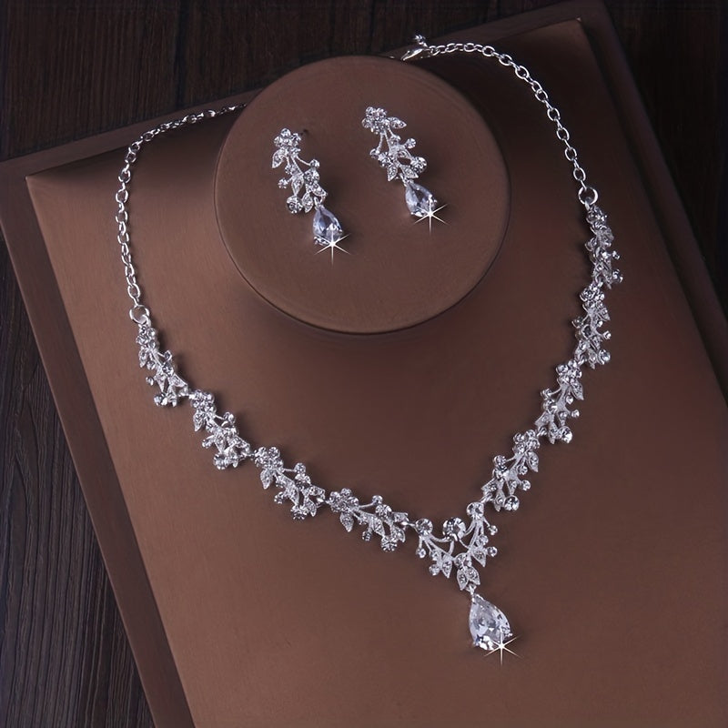 Golden Silvery Zircon Rhinestone Necklace & Earrings