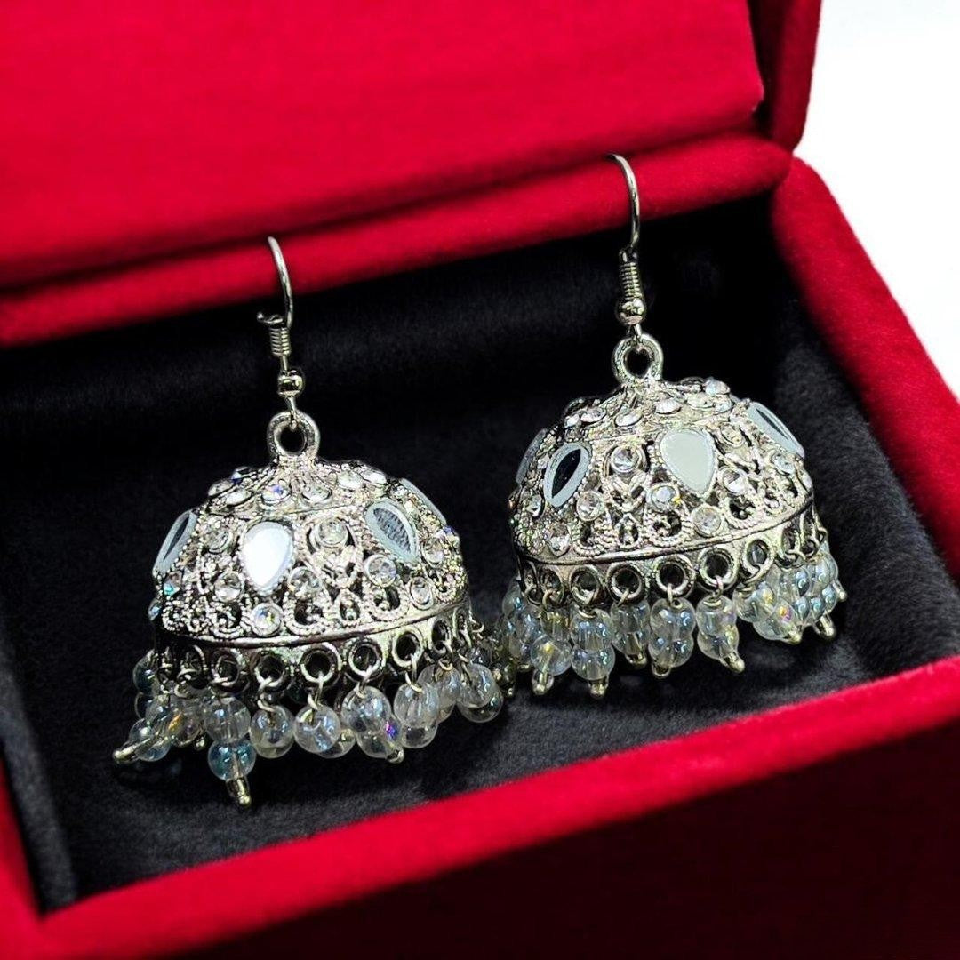 Tear Round Stone Silver Jhumki - PEJH