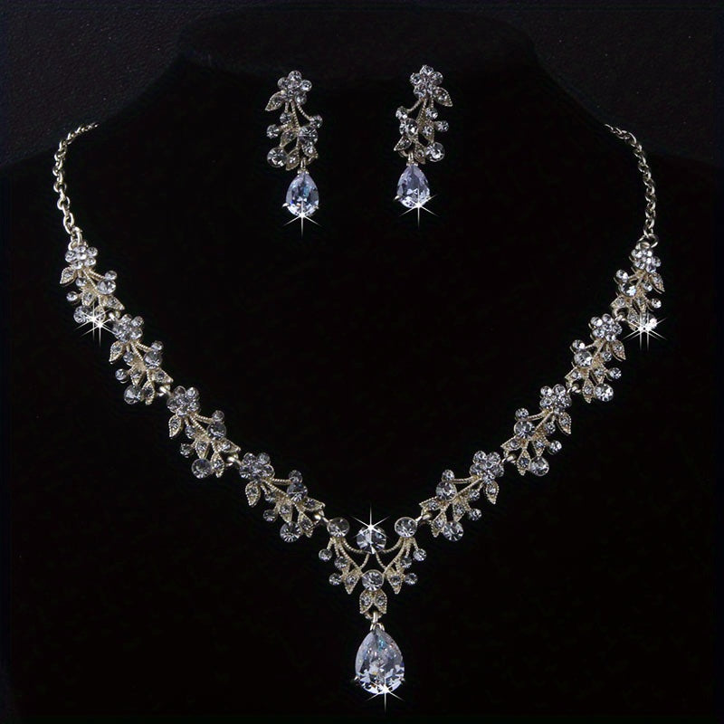 Golden Silvery Zircon Rhinestone Necklace & Earrings
